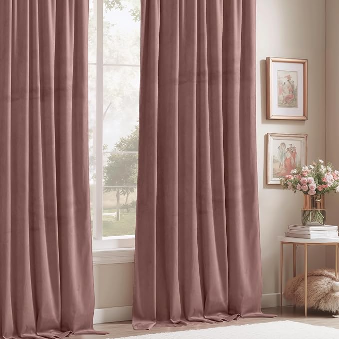 StangH 72 inch Length Wild Rose Velvet Curtains Light Dimming for Kid Bedroom, Soft Heavy Window Drapes Heat & Cold Blocking Noise Reducing for Dinning Patio, W52 x L72, 2 Panels