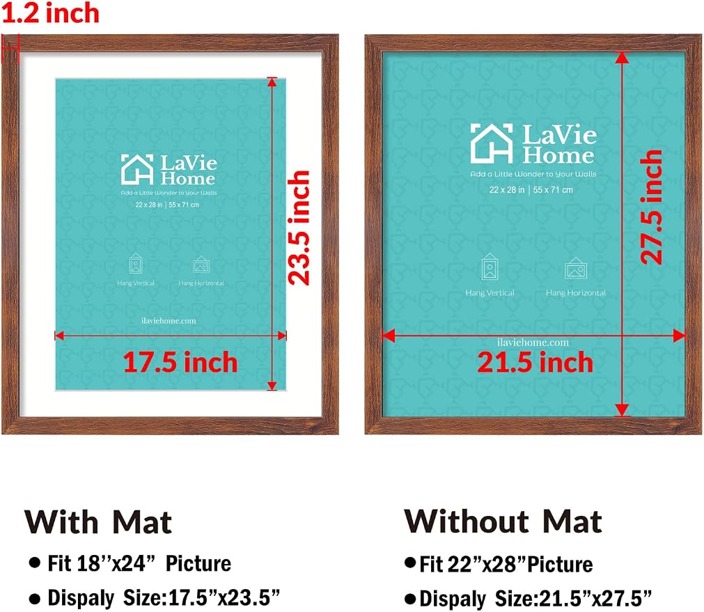 LaVie Home 22 x 28 Picture Frame Brown Poster Frame,Display Pictures 18x24 with Mat or 22x28 Without Mat, Stable and Sturdy Frame and Polished Plexiglass, Suitable for wall decoration（1 Pack）