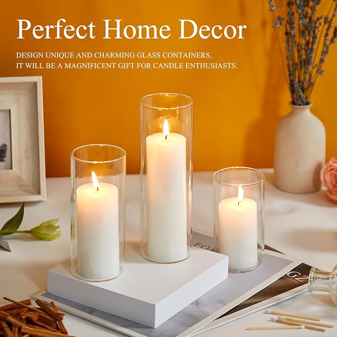 Set of 24 White Pillar Candles with Clear Glass Hurricane Holders- Elegant Cylinder Candle Vases for Weddings, Parties, Centerpieces, Home & Office Decor (White, 24 Set)