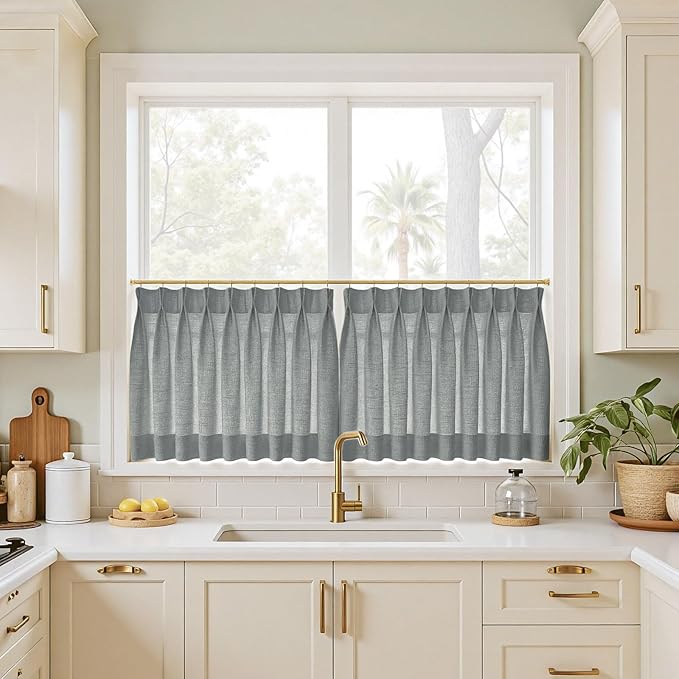 TWOPAGES 52" W x 30" L Linen Blend Cafe Curtains for Kitchen Window, Light Filtering Pinch Pleated Tier Curtains, Modern Farmhouse Half Window Curtains for Bathroom, Dark Grey, 2 Panels