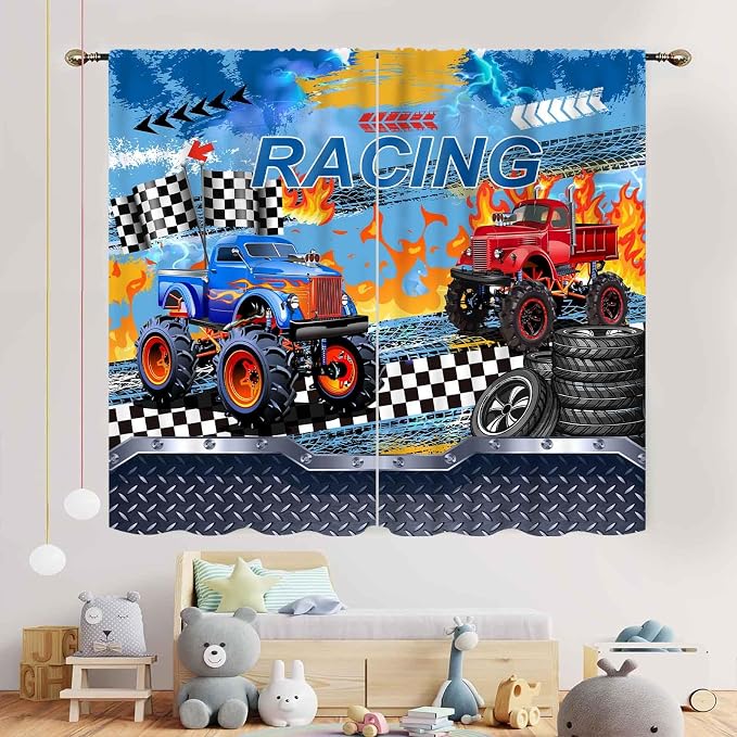 Truck Curtains for Boys Room, Cool Banner Burning Flame Car Cartoon Monster Racing Theme Window Drapery Treatments for Boys Kids Bedroom Living Room Playroom Nursery 2 Panels, 42"x54" Inch