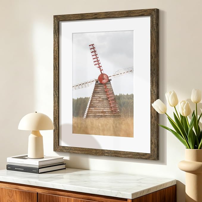 Picrit 17x22 Picture Frame 3 Pack, Wooden Brown Rustic Poster Frame, Display Poster 12 x 18 with Mat or 17 x 22 without Mat for Horizontal or Vertical Wall Mounting