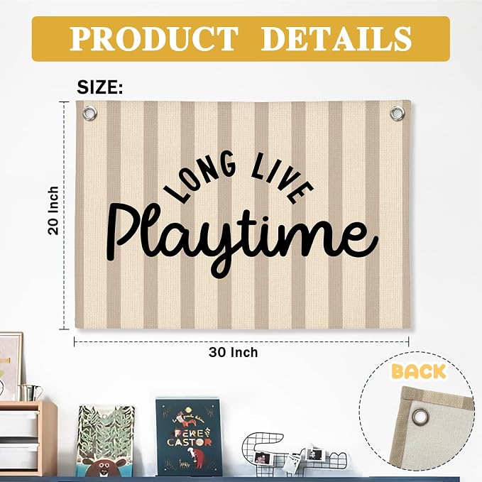 Playroom Wall Decor, Long Live Playtime Linen Canvas Banner, Toddler Playroom Decor Kids Room Nursery Wall Decor for Toddler Boys Toy Room Bedroom, 30x20 Inch
