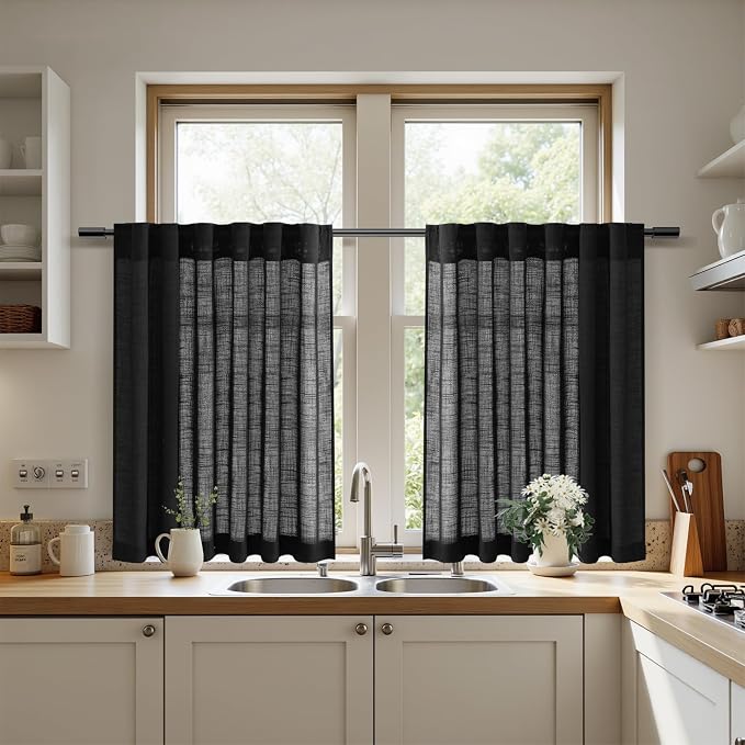 Nanspring Black Linen Curtains 24 Inch Length for Kitchen Small Windows Privacy Front Door Back Tab and Rod Pocket Drapes for Cafe Camper Small Curtains, 30 x 24 Inch,2 Panels