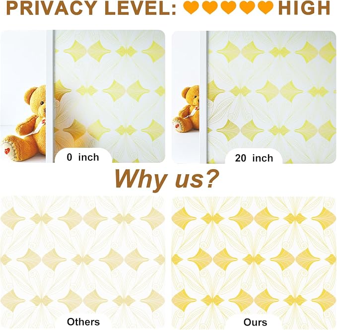 SOMWISE Frosted Glass Window Privacy Film with Tools, Heat Blocking, Anti-UV, Anti-Glare, Static Cling, Decor for Home Bathroom Door, Renter Friendly, Removable, Reusable, Yellow 35Inchx78.5Inch