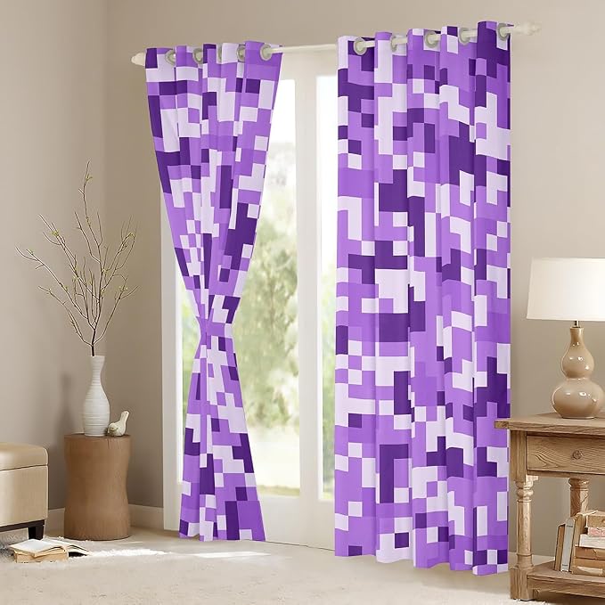 Castle Fairy Purple Checked Window Curtain,Kids Gaming Bedroom Decor Curtains,Geometric Grid Camouflage Window Treatment Boys Teens,Modern Video Games Blackout Drapes 2 Panels,38Wx45L