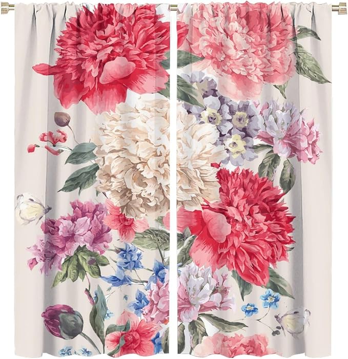 Floral Blackout Window Curtain Vintage Bouquet of Peony Wild Flowers Nature Botanical Leaf for Home Kitchen Livingroom Coffee Room Curtains Drapes 2 Panels 63x72in