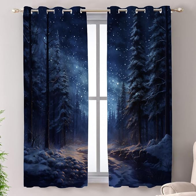 Shrahala Winter New Year Blackout Window Curtains, Stars Forests Snow Night Thermal Insulated Curtains Grommet Long Drapes for Bedroom,Living Room (2 Panels, 52 x 63 in)
