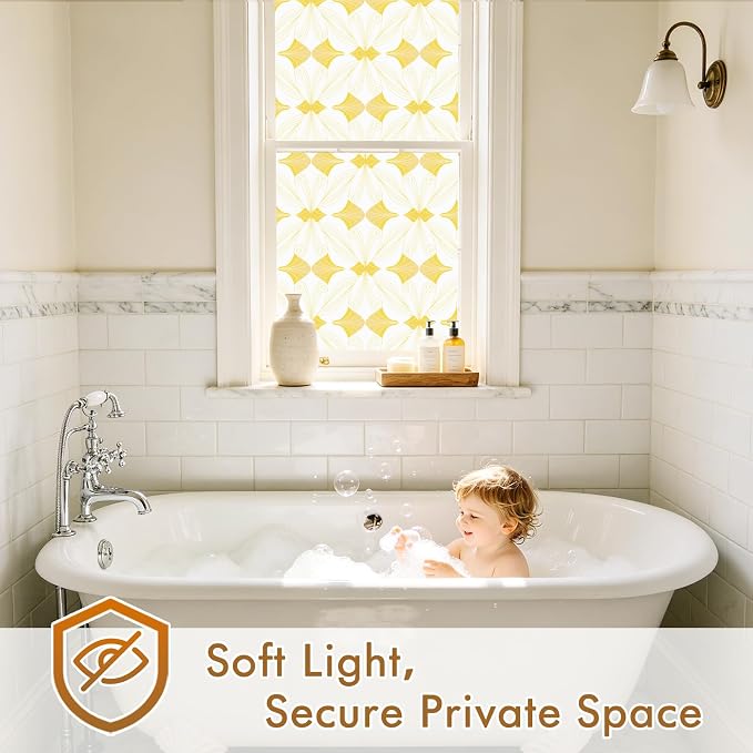 SOMWISE Frosted Glass Window Privacy Film with Tools, Heat Blocking, Anti-UV, Anti-Glare, Static Cling, Decor for Home Bathroom Door, Renter Friendly, Removable, Reusable, Yellow 35Inchx78.5Inch