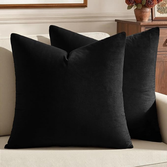 MIULEE Velvet Throw Pillow Covers 20x20 Inch, Pack of 2 - Black, Super Soft Decorative Square Cushion Cases Modern Luxury Home Decor for Sofa, Couch, Bed, Bedroom Livingroom