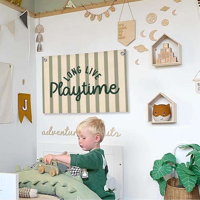 Playroom Wall Decor, Long Live Playtime Linen Canvas Banner, Toddler Playroom Decor Kids Room Nursery Wall Decor for Toddler Boys Toy Room Bedroom, 30x20 Inch