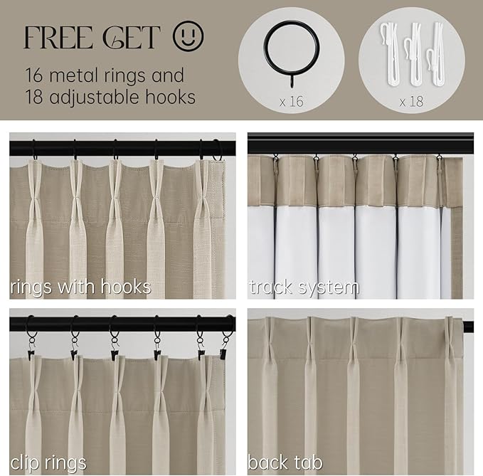Topfinel 96 Inches Long Pinch Pleated 100% Blackout Curtains,Thermal Insulated Burlywood Linen Pinch Pleat Viral Drapes with Hooks Rings 2 Panel Sets,Neutral Beige Ivory 8FT Back Tab Window Curtains