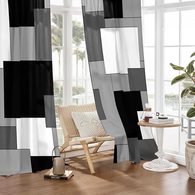 Black and Grey Curtains for Living Room 84 Length Geometry Curtains Modern Black White Gray Abstract Rod Pocket Curtain for Bedroom Kitchen Room Window Drapes 2 Panels