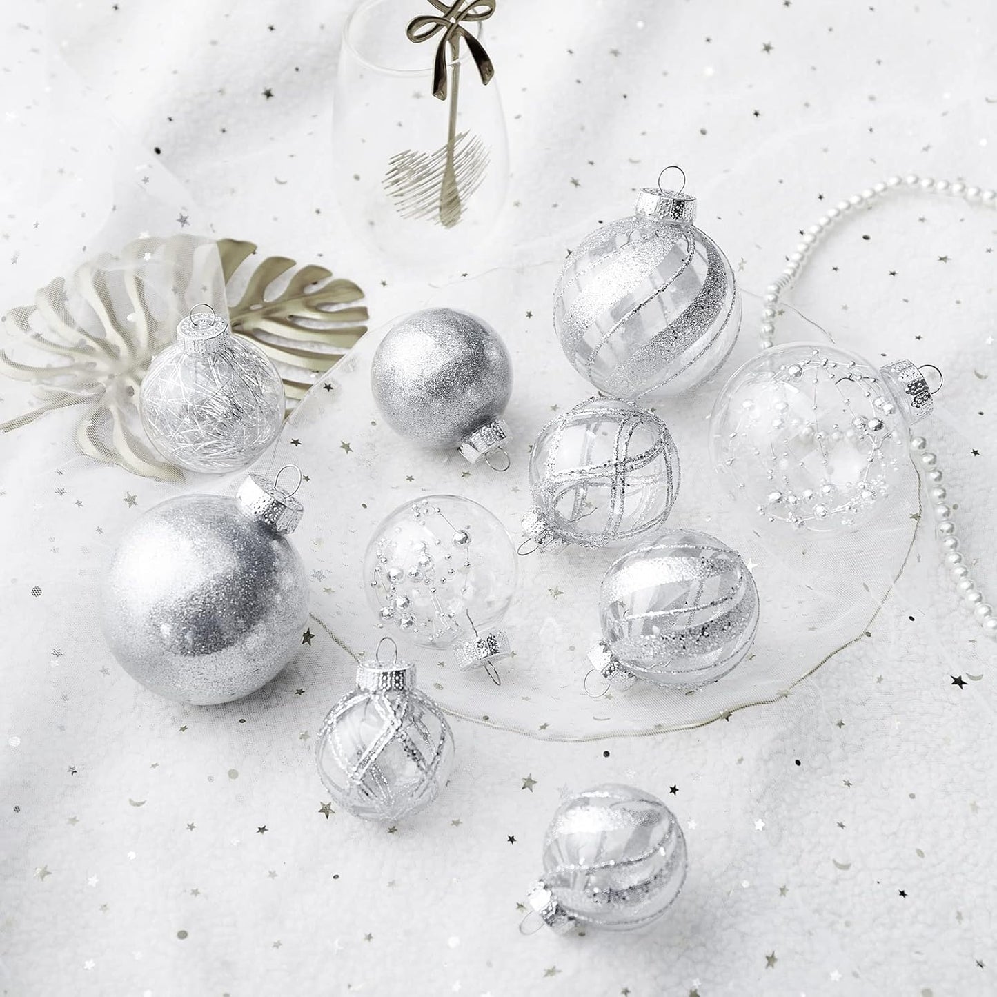 Clear Christmas Ball Ornaments,24ct Shatterproof Plastic Decorative Christmas Ornaments Hanging Xmas Tree Baubles Set with Stuffed Delicate Glittering Decorations for Holiday Party Home Decor (Silver)