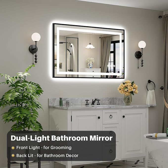 48x30 Inch LED Bathroom Mirror with Black Frame, Backlit & Front Lit, Anti-Fog Lighted Bathroom Vanity Mirror for Wall, Memory Function, Dimmable, HD Tempered Glass, Shatter-Proof