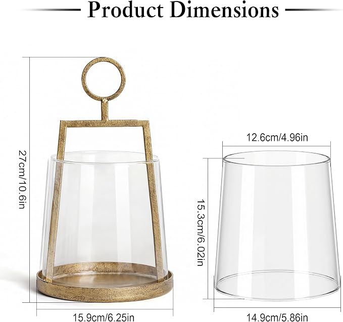 Modern Farmhouse Hurricane Candle Holder, Antique Brass Metal Centerpiece with Sturdy Glass Sleeve, Tabletop Geometric Lantern for Pillar Candles, Plants & Home Decor (6" x 10")