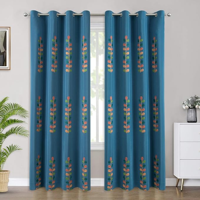 VOGOL Country Style Faux Linen Curtains, Colorful Leaf Pattern Window Treatments for Bedroom, Not See Through Drapes Home Decor for Living Room, 59 x 79, 2 Packs, Dark Blue