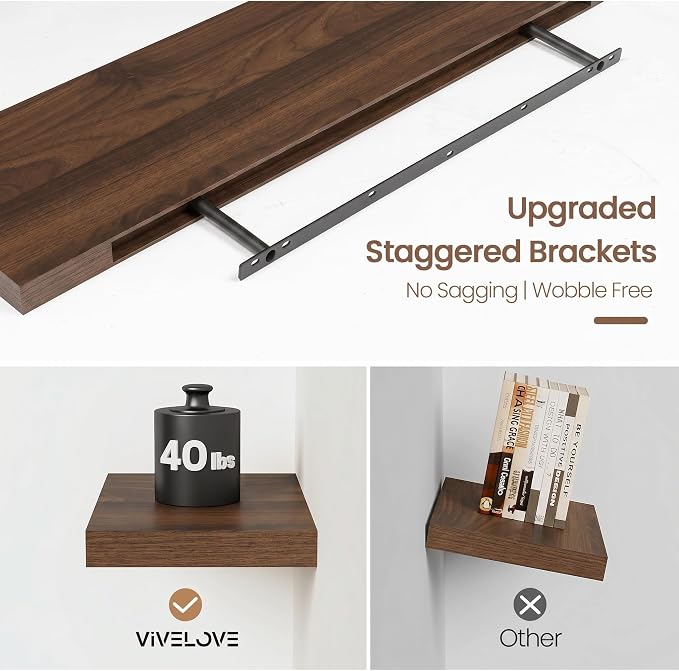 Vivelove Walnut Floating Shelves 32 Inches Long, Wall Display Shelves with Invisible Brackets, for Bathroom Living Room Kitchen Bedroom Office Farmhouse Home Decor, 32x9.3X 1.5 - Set of 2, Walnut