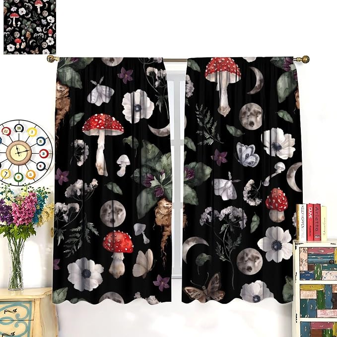 Vintage Mushroom Curtains, Gothic Dark Flowers Botanical Plants Herbs Mushroom Butterfly Moth Print Blackout Window Curtains for Kitchen Bedroom Livingroom, 42" W X 63" L