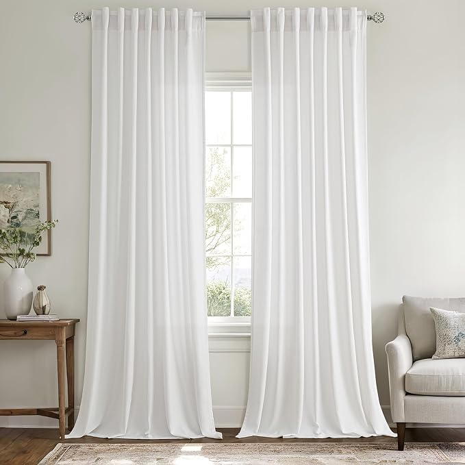 MIULEE Non-See-Through Privacy Linen Curtains 2 Panels, Light Filtering Window Curtains Farnhouse Textured Back Tab Semi Sheer Drapes for Bedroom Living Room, 52 x 96 Inches Long, Pure White