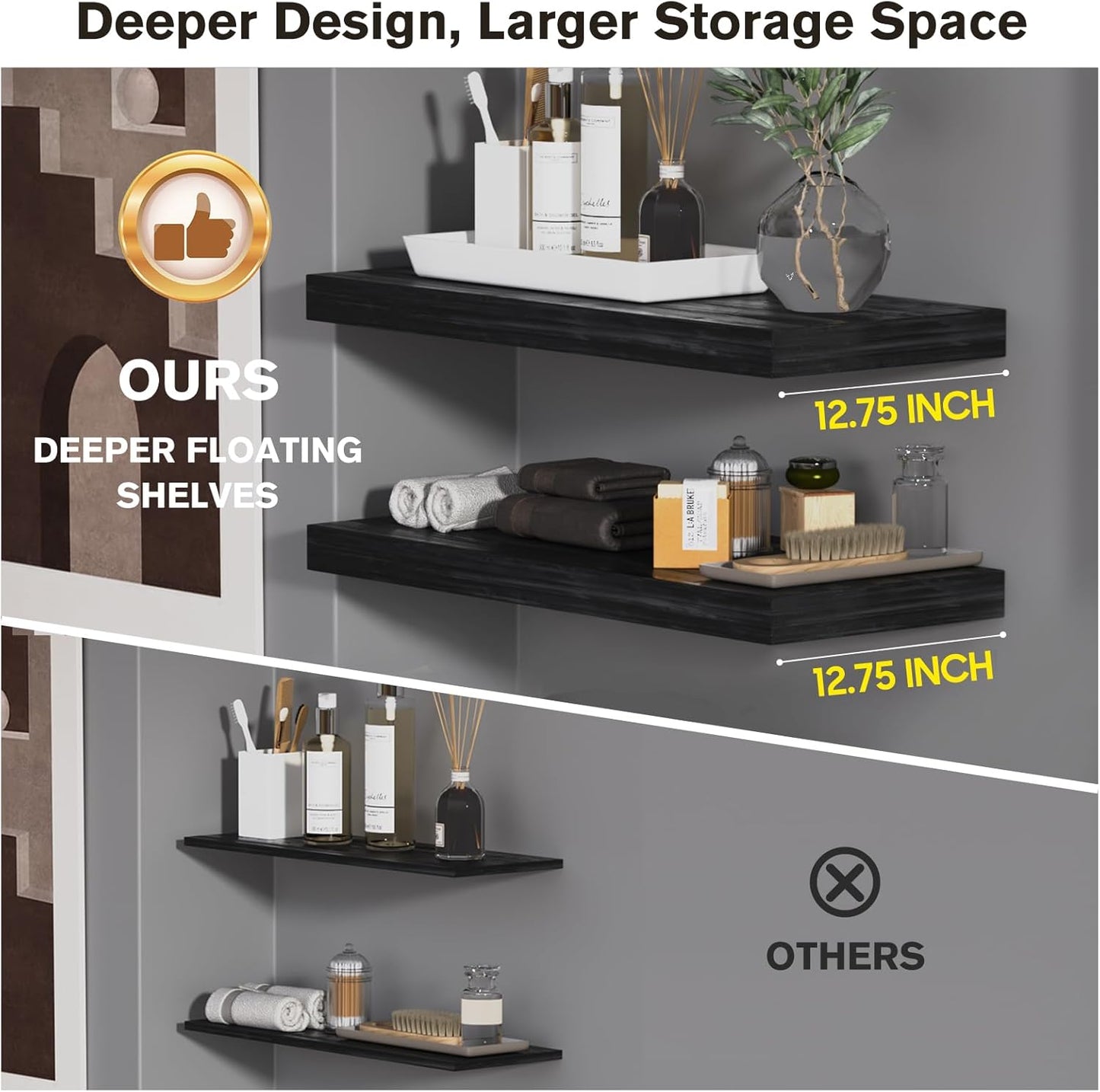 Large Floating Shelves for Wall Set of 1 Wooden Wall Shelves 30 in x 12.75 in x 2 in Room Decor Long Shelf with Invisible Wall Mount Bracket for Bedroom Kitchen Living Room Black Wood