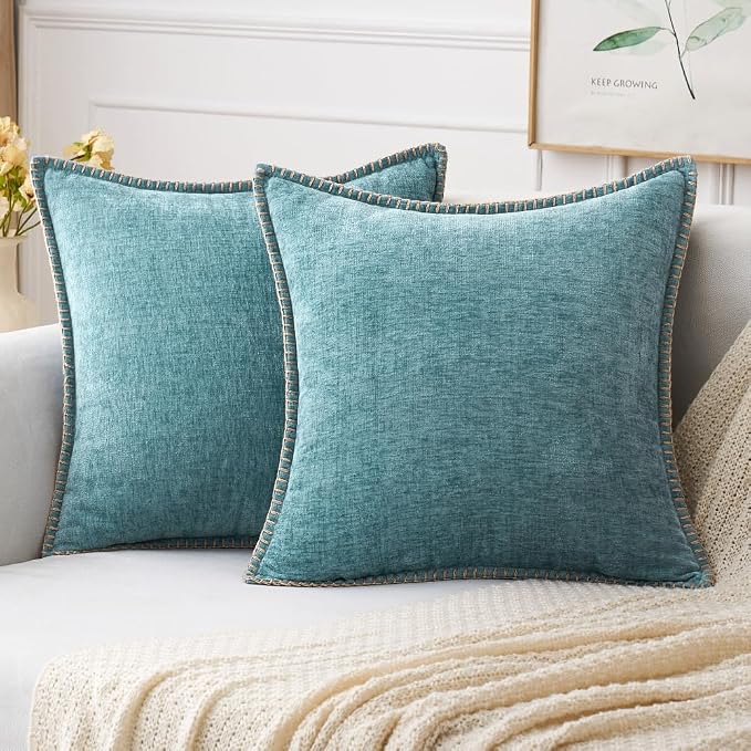 MIULEE Pack of 2 Summer Throw Pillow Covers 20x20 Inch Coastal Aqua Blue Farmhouse Decorative Pillow Covers with Stitched Edge Soft Chenille Solid Dyed Pillow Covers for Couch Sofa Bed Living Room