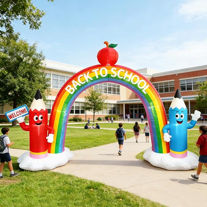 DomKom 12FT Long Back to School Inflatable Arch Featuring Open Book, Colorful Pencils Apple Decor, Ideal for 2026 First Day of School Kindergarten Graduation, Blow-up Crayon Archway for Yard Decor