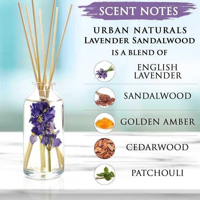 Urban Naturals Reed Diffuser Set, Lavender Sandalwood - Bathroom Décor | Natural Bamboo Reeds Sticks, Aromatic Lavender, Golden Amber & Woods, Vegan. Made in the USA