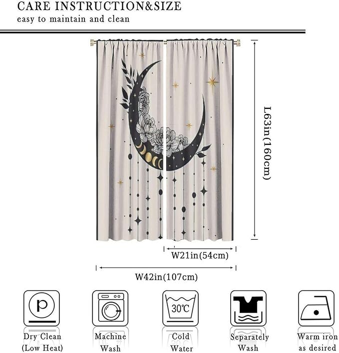 Witchy Curtains, Moody Curtains for Bedroom, Goth Curtains, Moth Curtains Moon Curtains for Bedroom Living Room W42xL63 Inch