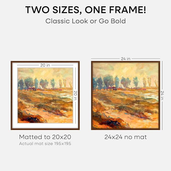 Homeforia 24x24 Picture Frame Brown, High End Dark Oak 24 x 24 Square Wood Frame with Mat 20 x 20 for Photo, 24by24 Wooden Walnut Poster Frame Matted to 20x20 Print, Tempered Glass, Wall Kit, Set of 3