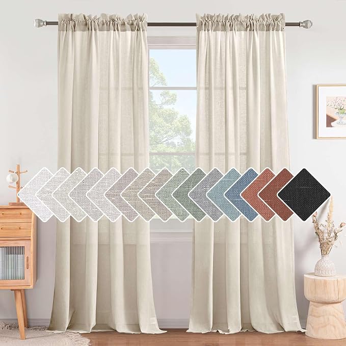 H.VERSAILTEX Natural Linen Curtains 108 Inches Long for Living Room 2 Panels Rod Pocket Draperies Soft Cotton Textured Semi Sheer Linen Curtains for Large Window Vertical 9 FT Tall, Heathered Natural