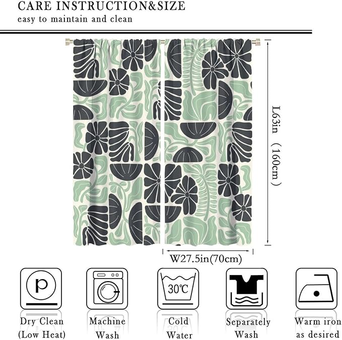 JESTRONRY Mid Century Boho Curtains, Modern Abstract Abstract Geometric Green Floral Pattern Print Blackout Window Door Curtains for Bedroom Living Room Home Decor 55x63in