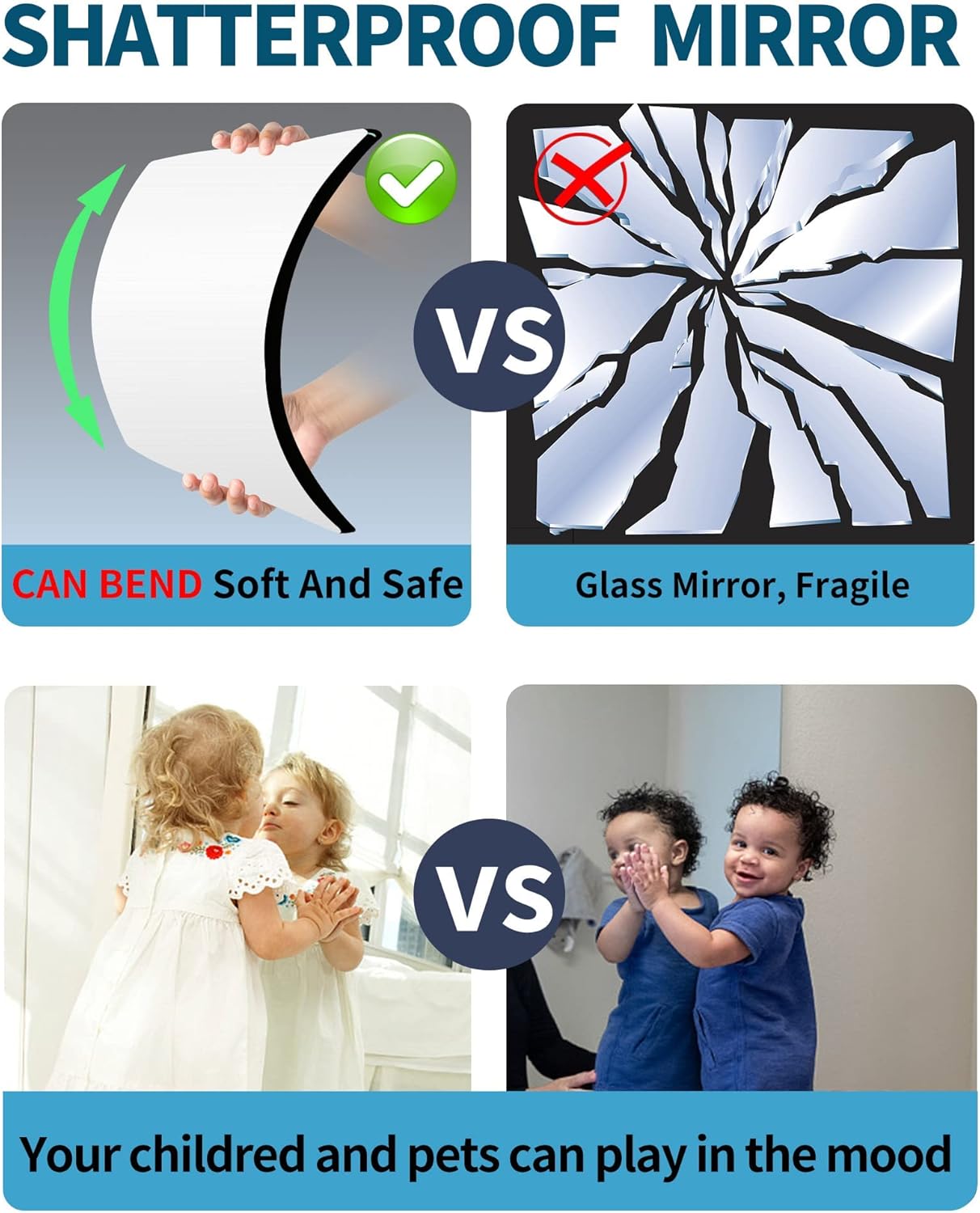 Shatterproof Wall Mirror Full Length for Bedroom, Acrylic Gym Mirrors For Home, Extra Thick: 0.1 inch, 10 x 10 inch x 4 Pcs, Workout Mirrors Safe for Kids, Over The Door, Long Wall Mounted