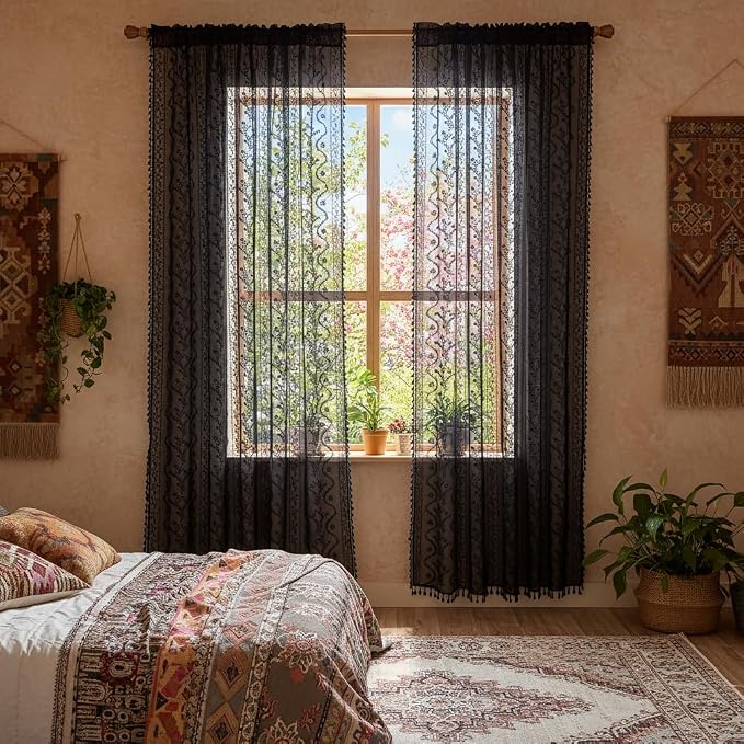 WAZZIO Boho Lace Curtains 63 Inch -Vintage Victorian Sheer Panel Drape Floral Pattern & Tassel Light Filtering Privacy for Bedroom Dining Living Room,Black Gothic Halloween Decor,2 Panels,W52 x 63L
