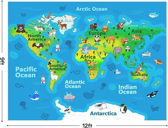 Kids Playroom Rug, 9x12ft World Map Rugs with Cute Animals, Washable Durable Soft Carpet Kid Educational Rugs for Boys Girls Bedroom Nursery Classroom
