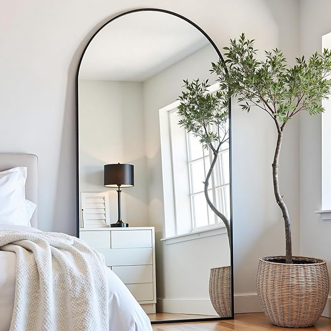 Prywot Arched Floor Mirror, 76 "x 34" Full Length Mirror Wall Mirrors Hanging or Leaning Arched-Top Full Body Mirrors with Stand for Bedroom, Dressing Room, Black