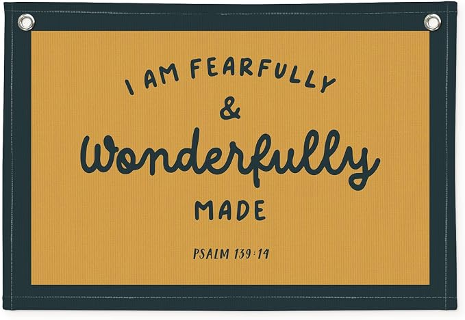 Kids Room Decor - Bible Verse Wall Hanging, 'I am Fearfully and Wonderfully Made' Linen Banner, Canvas Decoration for Classroom, Nursery - Retro
