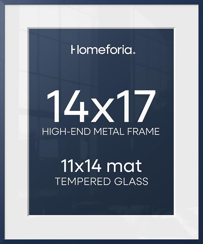 Homeforia 14x17 Picture Frame Navy Blue, High End Metal 14x17 Poster Frames with Mat 11x14 inch Photo, 14 x 17 Navy Blue Frame Matted to 11 by 14 Print, 17x14 Frame, Tempered Glass, Wall Kit, Set of 2