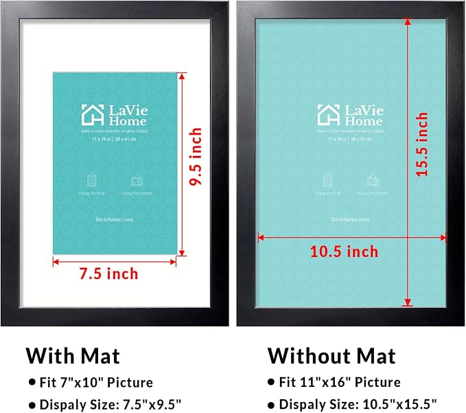 LaVie Home 11 x 16 Picture Frame Black Poster Frame,Display Pictures 7x10 with Mat or 11x16 Without Mat, Stable and Sturdy Frame and Polished Plexiglass, Horizontal and Vertical Format of The Walls