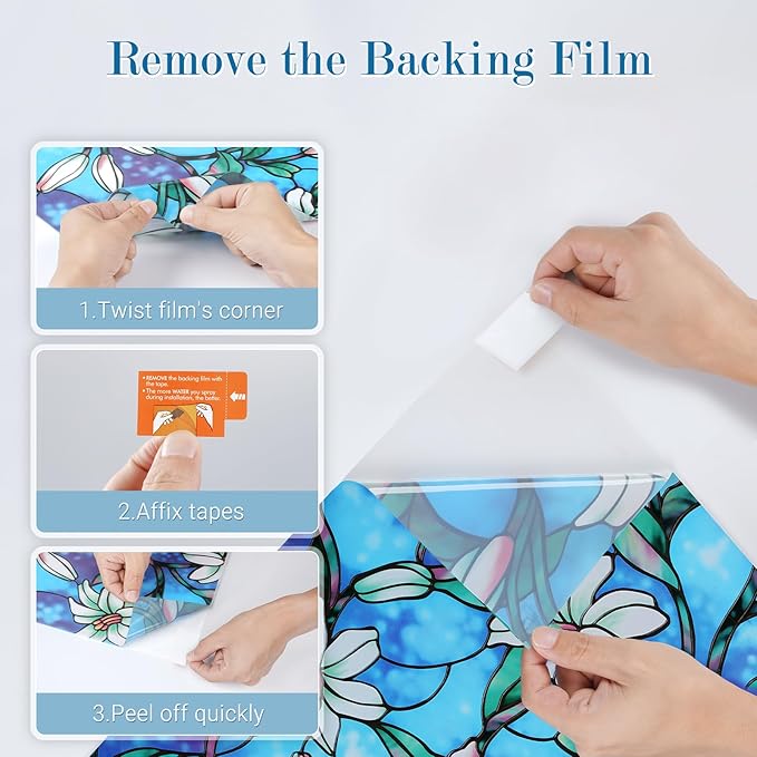 rabbitgoo Stained Glass Window Film, Anti UV Heat Blocking Privacy Film for Glass Window Door Covering, Static Cling Removable Decorative Privacy Sticker for Bathroom, Blue Lily, 23.6 x 157.4 Inches