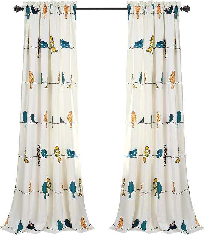 Lush Decor Rowley Birds Light Filtering Curtains 52"x95", Multi - Decorative Panels w/Colorful Floral & Whimsical Bird Print for Bedroom, Living Room or Dining Room (Pack of 8)