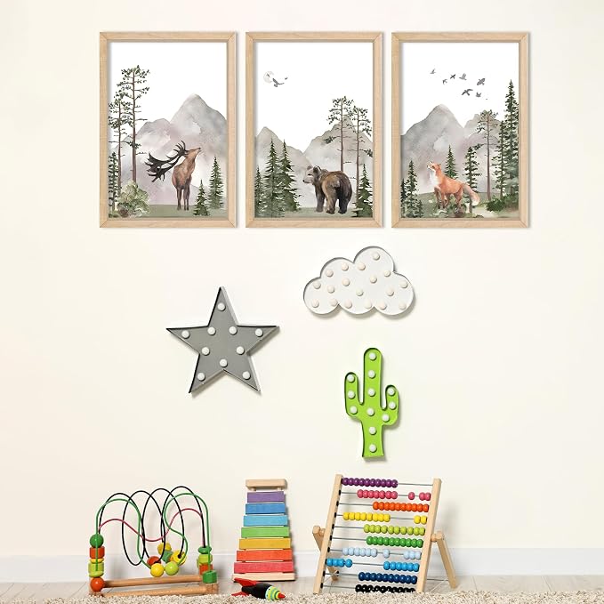 Woodland Nursery Animal Wall Art 11x16 3pc, Deer Bear Fox Boys Room Decor | Rustic Wood Framed Forest Mountain Watercolor Prints Set of 3, Toddler Boys, Kids Bedroom, Playroom & Nursery Nature Decor