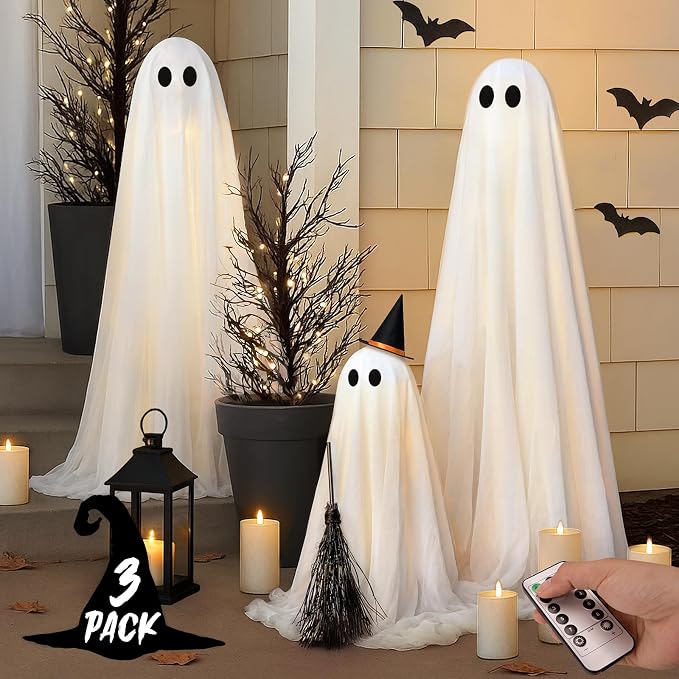 Halloween Decorations - Halloween Decorations Outdoor - Set of 3 Light Up Spooky Ghosts Decoration with 8 Light Modes Timer Remote- Indoor Cute Party Ghost Decor for Yard Porch Lawn Home Front Door