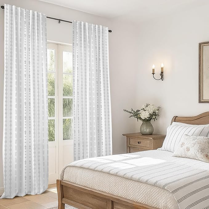 Grey Boho Curtains for Bedroom Living Room,Light Gray and White Sheer Linen Striped Curtains 84 Inches Long 2 Panels Set