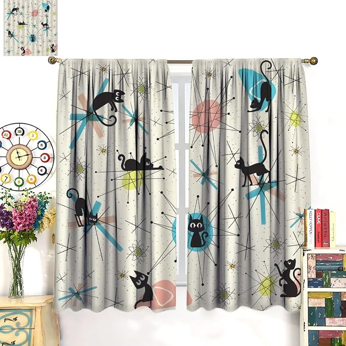 JESTRONRY Mid Century Curtains, Black Cat Atomic Stars Abstract Geometric Vintage Kitty Animal Room Darkening Door Window Rod Pocket Curtain for Living Room Bedroom 42x45in