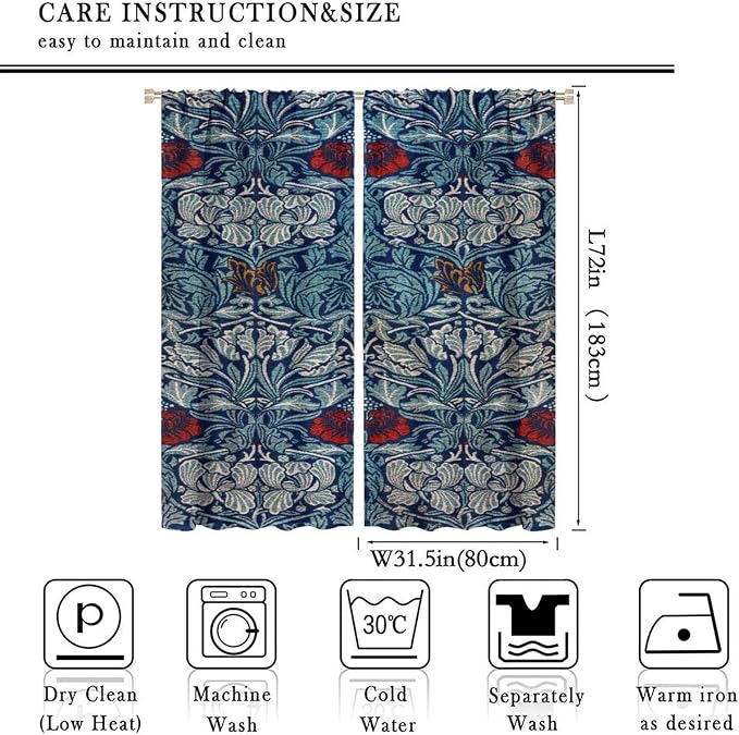 Bohemian William Morris Retro Plant Floral Blackout Window Curtains, Flower Vintage Country Farmhouse Art Window Drapes, for Bedroom Living Room 31.5(W)*72(L) 2 Panels
