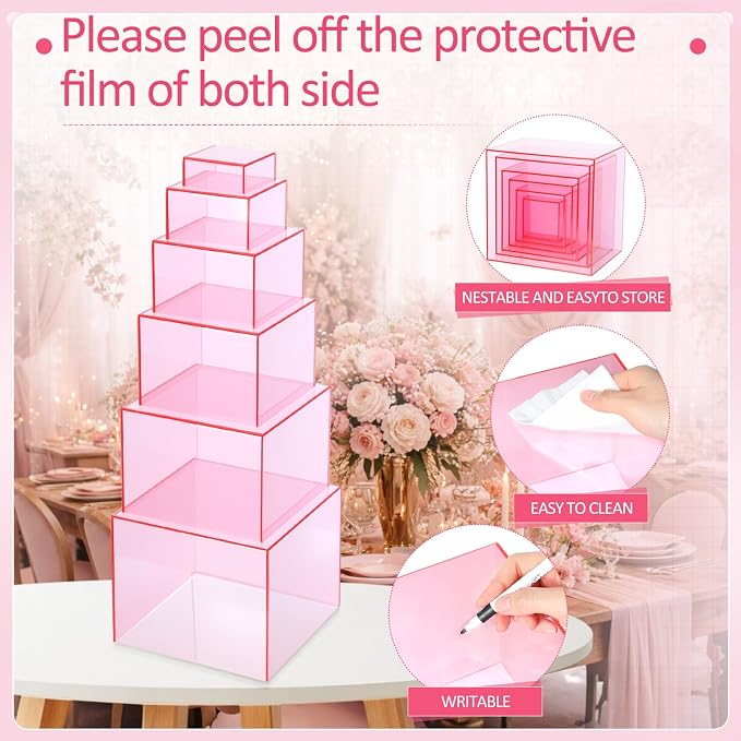 Geelin 6 Pack Acrylic Risers for Display Acrylic Cube Boxes Risers Display Stands with Hollow Bottoms Decorative Stand for Jewelry Candy Table Decor 6 Sizes(Clear Pink,3 to 8 Inch,Square)