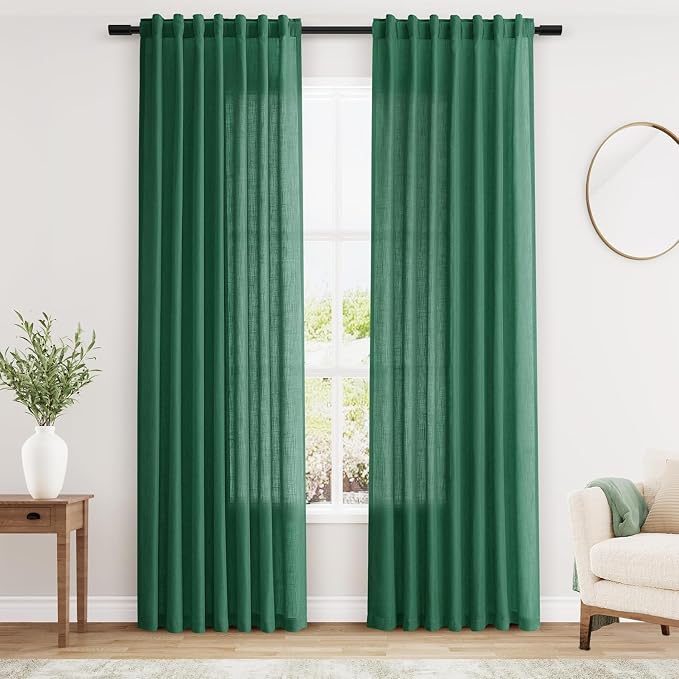 Nanspring Dark Green Linen Curtains 84 Inch Length 2 Panels Set for Living Room Rod Pocket Back Tab Light Filtering Window Drapes for Bedroom Dining Room Privacy Country Farmhouse Decor 52x84