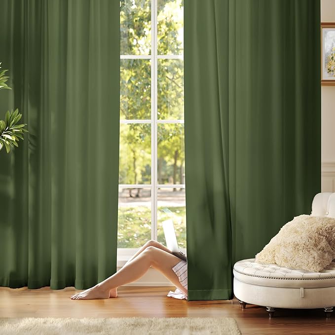 Anmao Non-See-Through Olive Green Privacy Semi Sheer Curtains for Living Room 54 Inch Length 2 Panels Set, Light Filtering That Let Light in Rod Pocket Window Drapes for Bedroom, 52W x 54L, Dark Green
