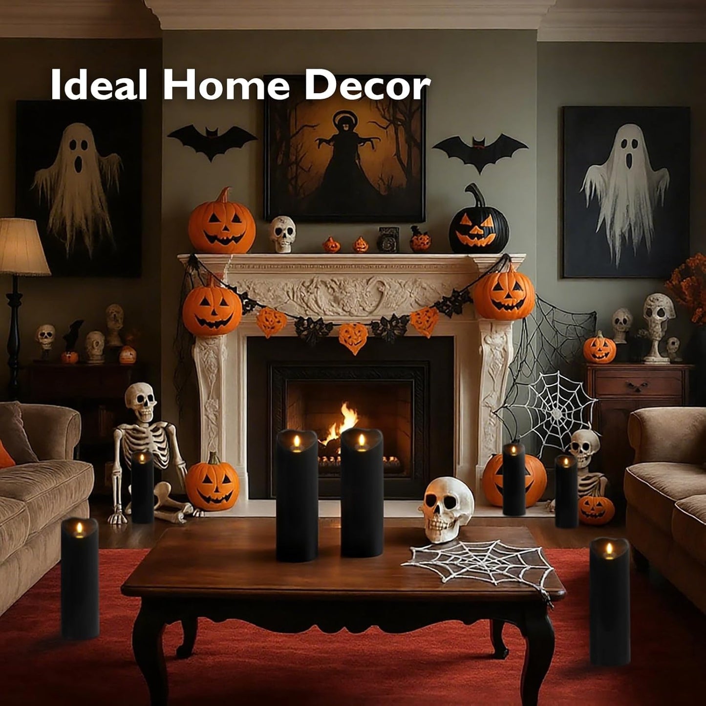 Homemory 4"x12" Black Flameless Candles, Halloween Candles, Outdoor Waterproof Flameless Candles with Remote and Timers, Gothic, Battery Operated LED Pillar Candles, Won't Melt Plastic, 2Pack